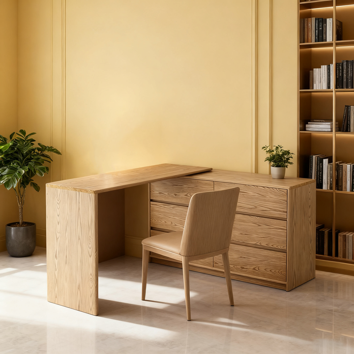 Modern Minimalist Solid Ash Wood Modular Desk With 6-Drawer Storage Cabinet For Home Office &amp; Bedroom