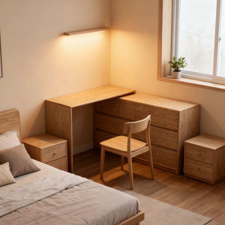 Modern Minimalist Solid Ash Wood Modular Desk With 6-Drawer Storage Cabinet For Home Office &amp; Bedroom