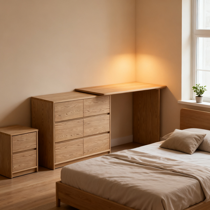 Modern Minimalist Solid Ash Wood Modular Desk With 6-Drawer Storage Cabinet For Home Office &amp; Bedroom