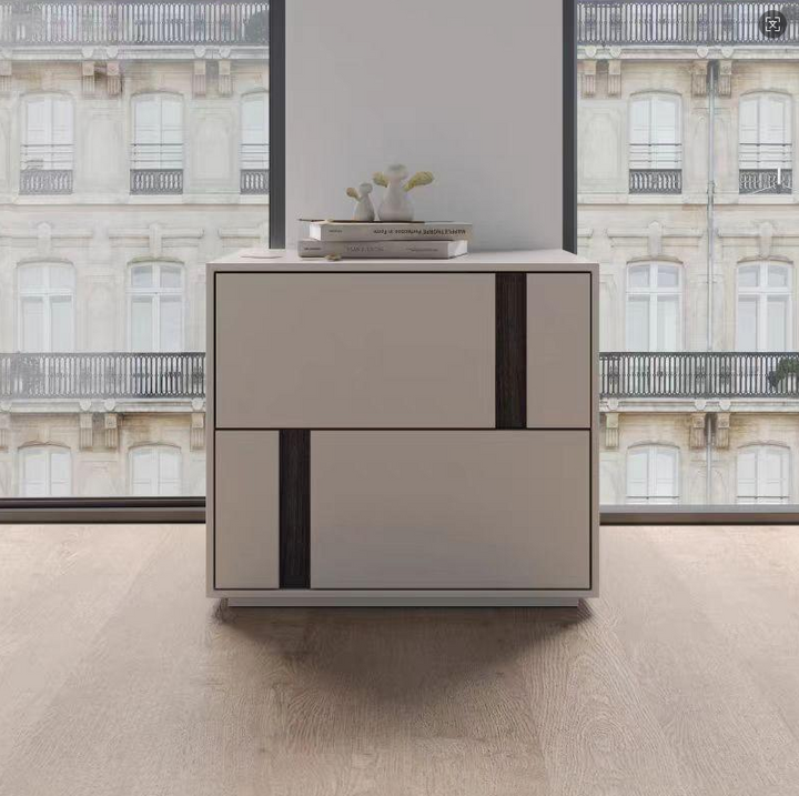 Table de chevet rectangulaire minimaliste moderne avec 2 tiroirs en MDF E1, doté de rails coulissants fluides pour la chambre 