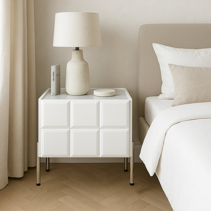 Modern Minimalist Rectangular Nightstand With Dual Drawers Slate Stone Top Plywood Body Stainless Steel Legs For Bedroom