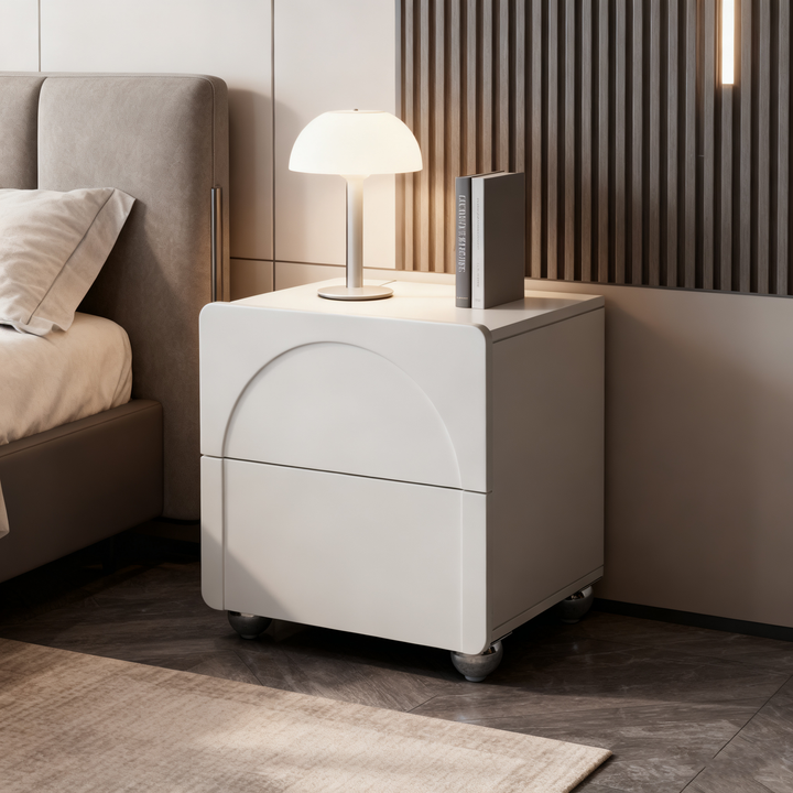 Modern Minimalist Rectangular Nightstand With 2 Drawers E1 Eco-Friendly MDF Rounded Corners & Plastic Base For Bedroom