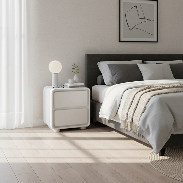 Modern Minimalist Rectangular Nightstand With 2 Drawers E1 Eco-Friendly MDF Smooth Slides Rounded Corners For Bedroom Storage