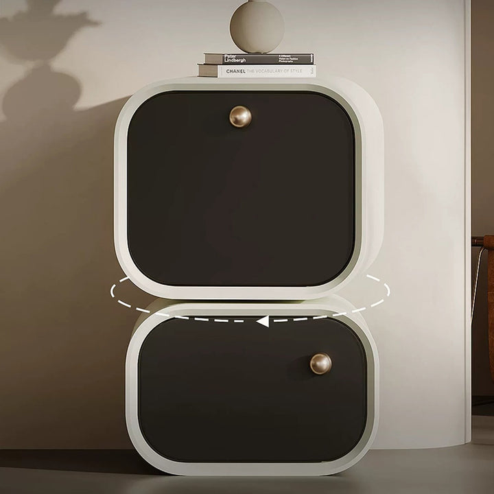 Modern Minimalist Rotatable Nightstand With Dual-Size Drawers E1 Eco-Friendly MDF & Plywood Rounded Corners For Bedroom Storage