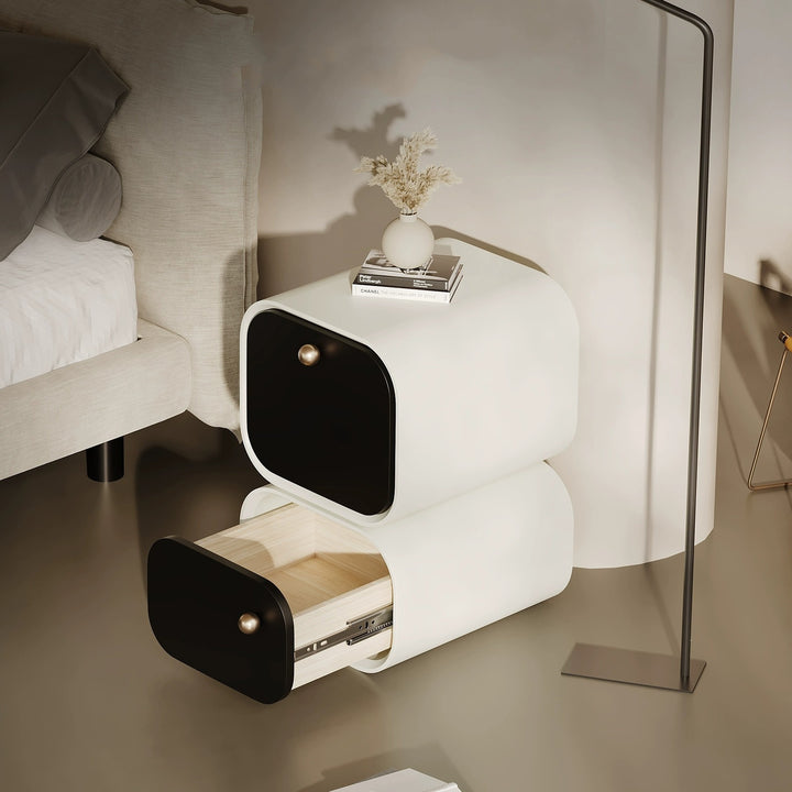 Modern Minimalist Rotatable Nightstand With Dual-Size Drawers E1 Eco-Friendly MDF & Plywood Rounded Corners For Bedroom Storage