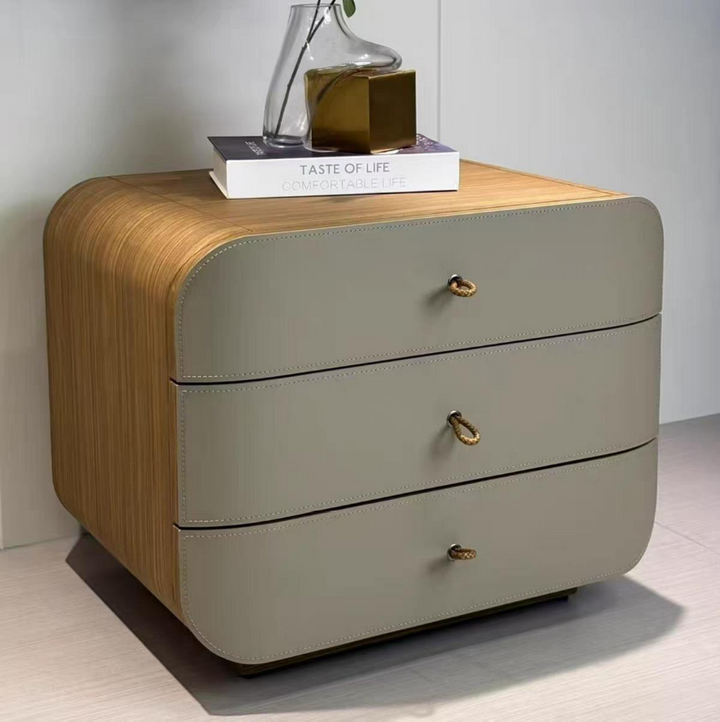 Modern Minimalist E1 MDF Frame Walnut Veneer Nightstand With 3 Drawers Soft Round Edge Bedside Table