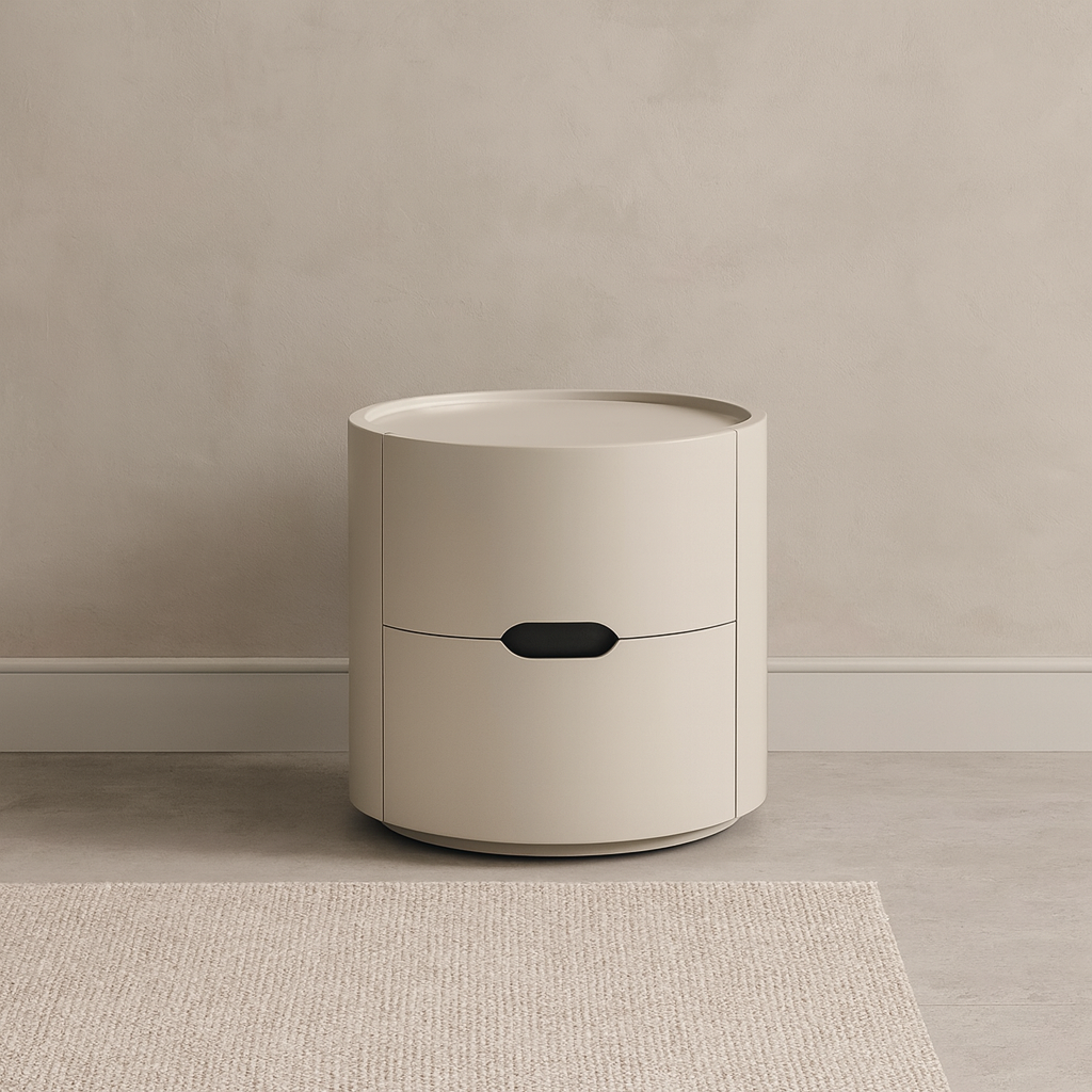 Modern Minimalist Cylinder Plywood &amp; E1 MDF Nightstand With Double Storage Drawers And Protective Raised Rim For Bedroom