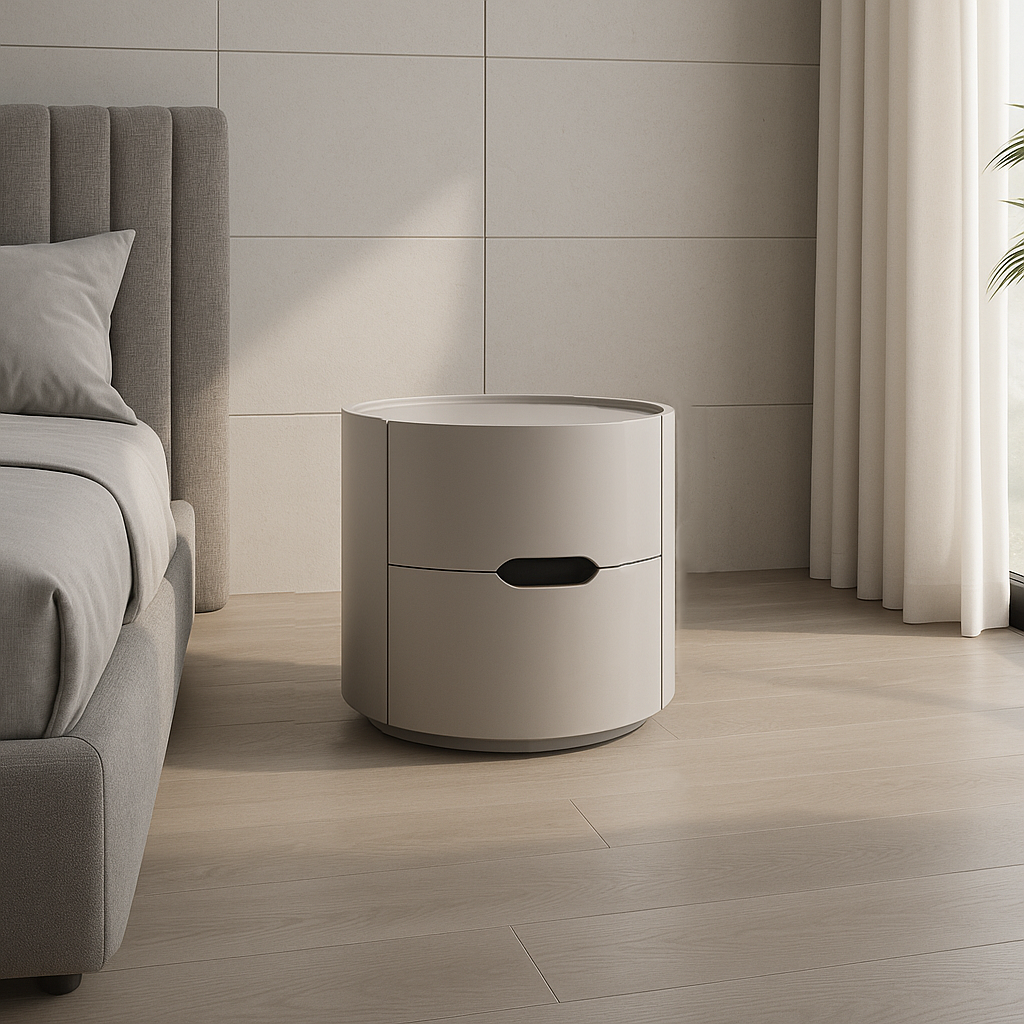 Modern Minimalist Cylinder Plywood &amp; E1 MDF Nightstand With Double Storage Drawers And Protective Raised Rim For Bedroom