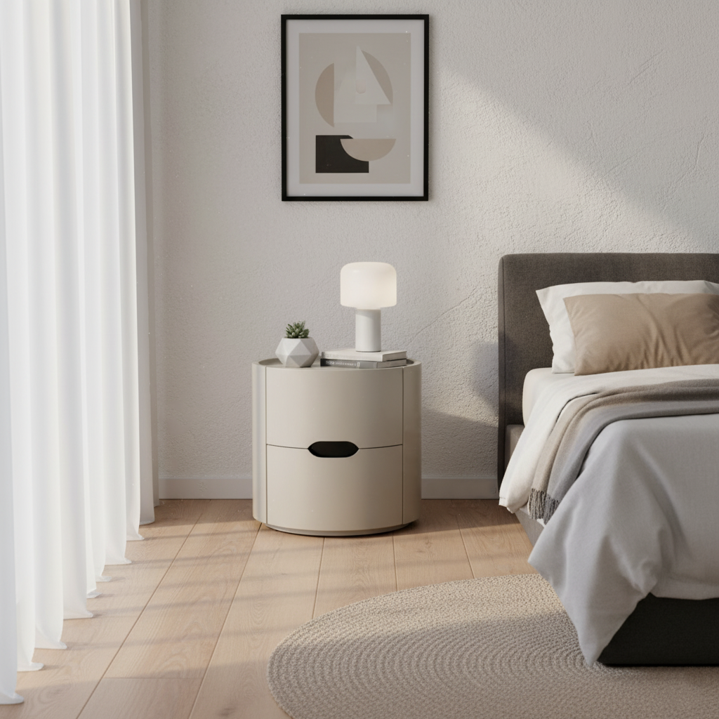 Modern Minimalist Cylinder Plywood &amp; E1 MDF Nightstand With Double Storage Drawers And Protective Raised Rim For Bedroom