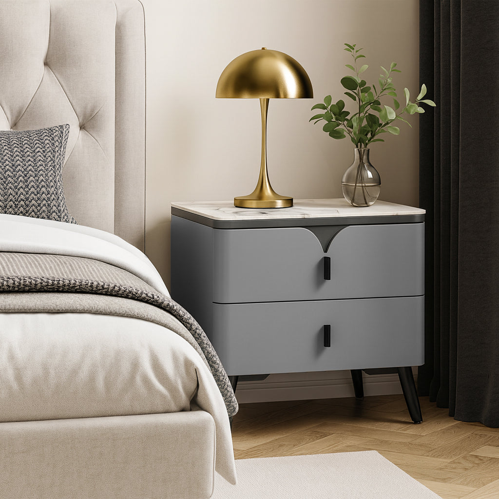 Modern Luxury Rectangular E1 MDF Nightstand With Sintered Stone Top &amp; 2 Drawers For Bedroom