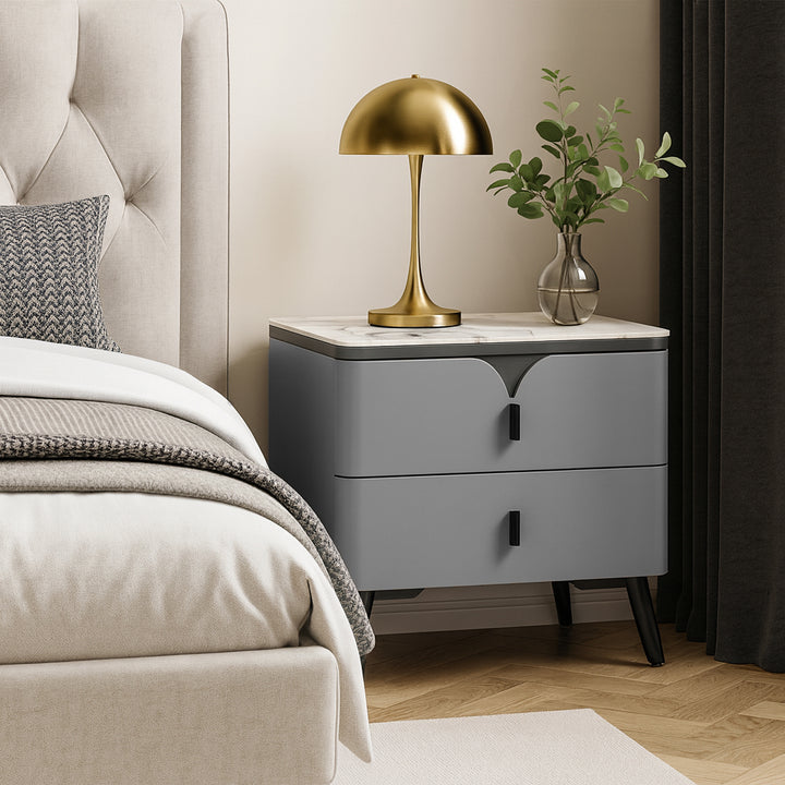 Modern Luxury Rectangular E1 MDF Nightstand With Sintered Stone Top &amp; 2 Drawers For Bedroom