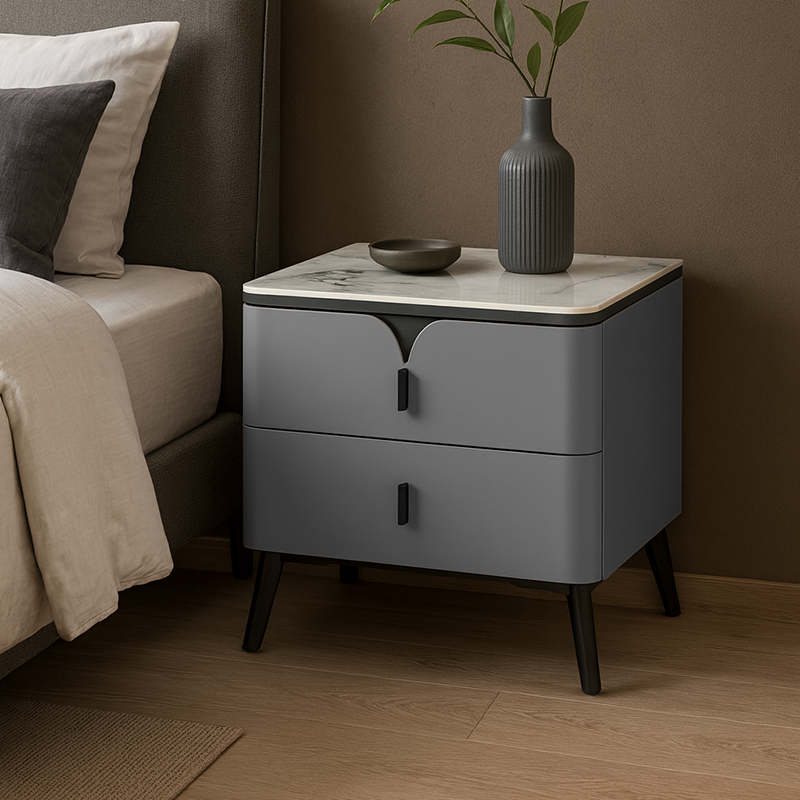 Modern Luxury Rectangular E1 MDF Nightstand With Sintered Stone Top &amp; 2 Drawers For Bedroom