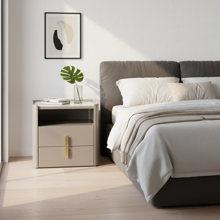 Modern Luxury Rectangular Rounded Corner E1 MDF Stone Slab Nightstand With 2 Drawers For Bedroom