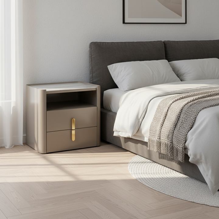 Modern Luxury Rectangular Rounded Corner E1 MDF Stone Slab Nightstand With 2 Drawers For Bedroom