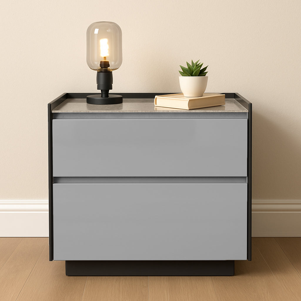 Modern Minimalist Plywood Nightstand With Sintered Stone Top - 2-Drawer Bedside Table For Bedroom