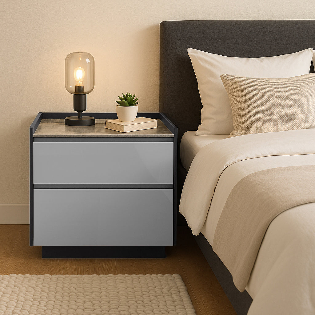 Modern Minimalist Plywood Nightstand With Sintered Stone Top - 2-Drawer Bedside Table For Bedroom
