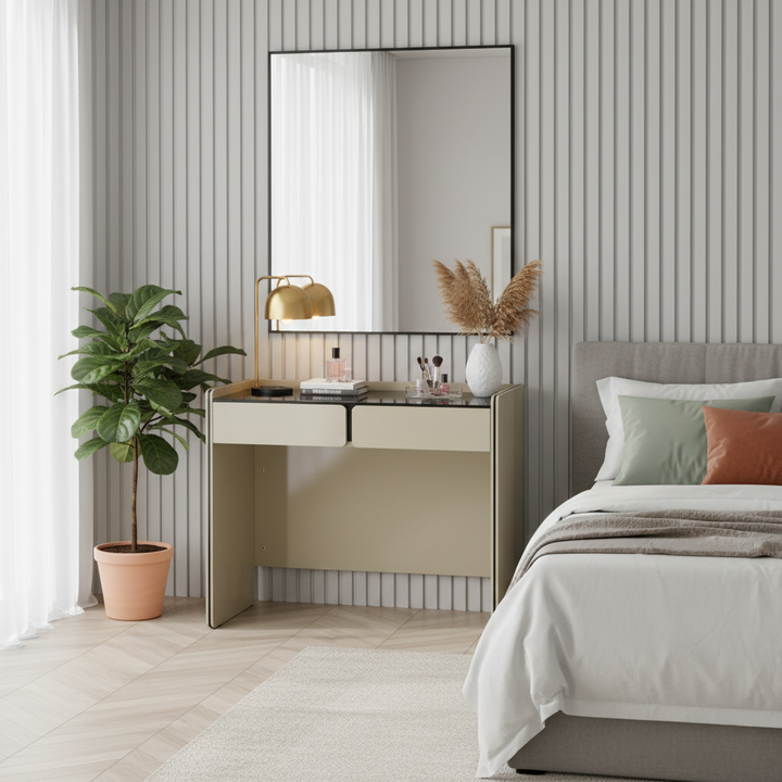 Modern Minimalist E1 MDF Rectangular Makeup Vanity With 2 Drawers &amp; Raised Edge - Bedroom Storage Desk
