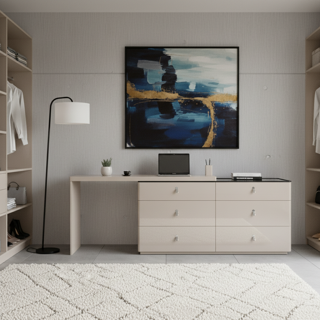 Moderner E1 MDF Aufbewahrungsschrank mit verstellbarer Länge und 6 Schubladen - Minimalistischer rechteckiger Schminktisch für Schlafzimmer &amp; Home Office 