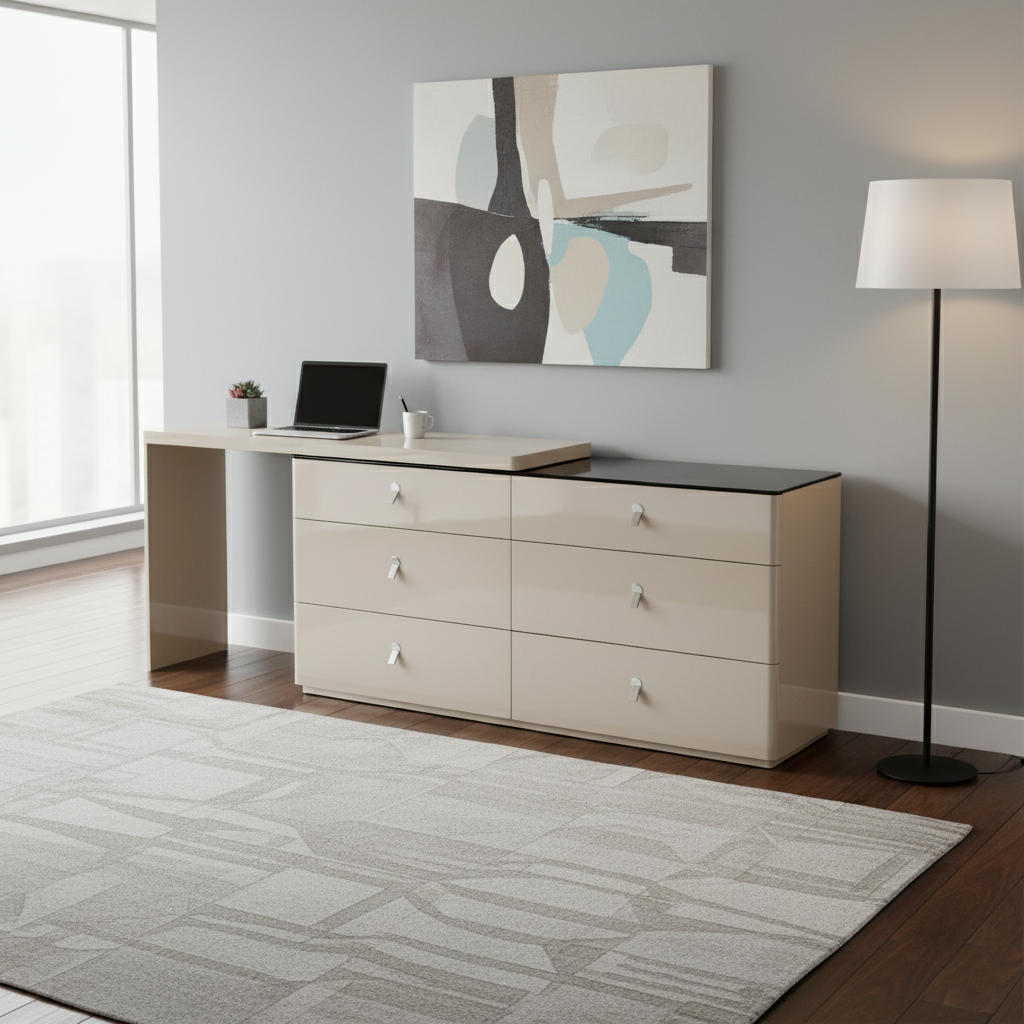 Moderner E1 MDF Aufbewahrungsschrank mit verstellbarer Länge und 6 Schubladen - Minimalistischer rechteckiger Schminktisch für Schlafzimmer &amp; Home Office 