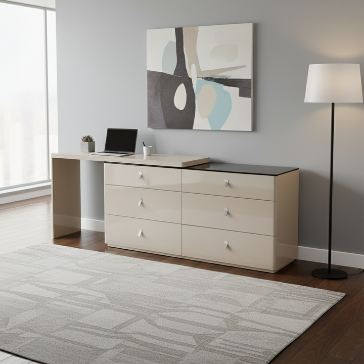 Moderner E1 MDF Aufbewahrungsschrank mit verstellbarer Länge und 6 Schubladen - Minimalistischer rechteckiger Schminktisch für Schlafzimmer &amp; Home Office 