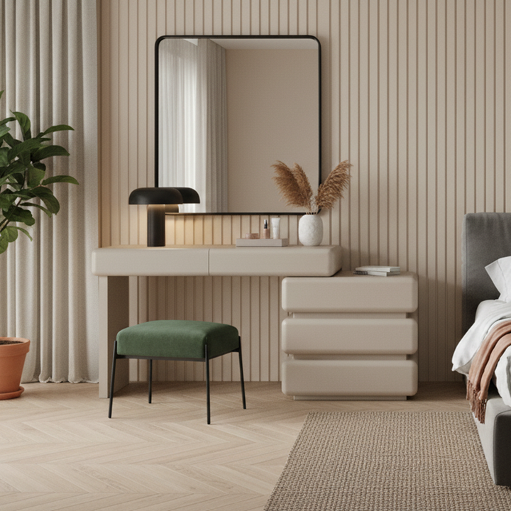 Modern Minimalist Khaki Makeup Vanity With 5/8-Drawer Chest - Solid Wood Plywood Dresser &amp; Makeup Desk For Bedroom
