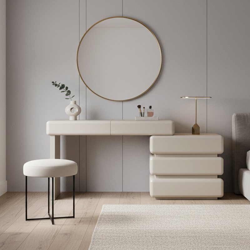 Modern Minimalist Khaki Makeup Vanity With 5/8-Drawer Chest - Solid Wood Plywood Dresser &amp; Makeup Desk For Bedroom