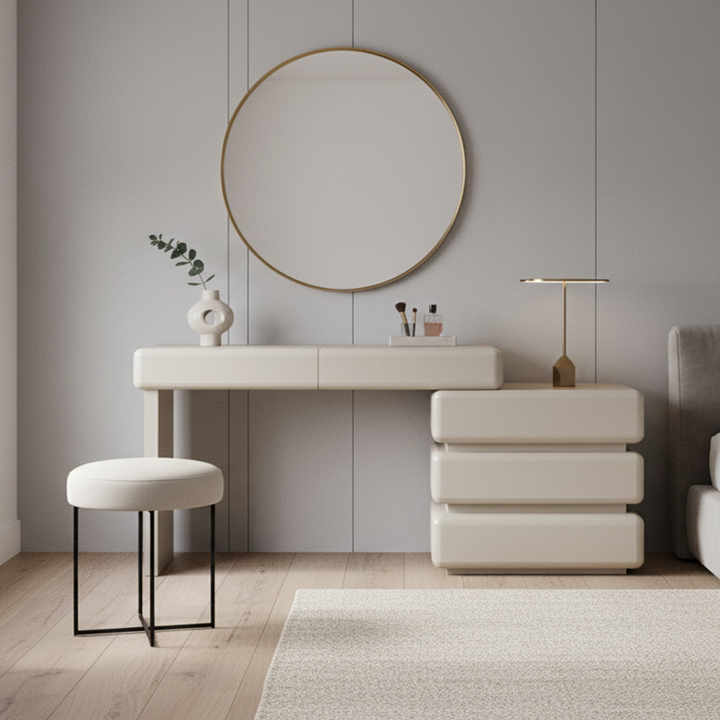 Modern Minimalist Khaki Makeup Vanity With 5/8-Drawer Chest - Solid Wood Plywood Dresser &amp; Makeup Desk For Bedroom