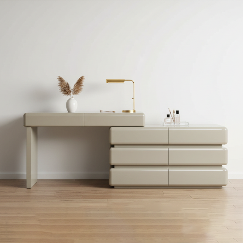 Modern Minimalist Khaki Makeup Vanity With 5/8-Drawer Chest - Solid Wood Plywood Dresser &amp; Makeup Desk For Bedroom