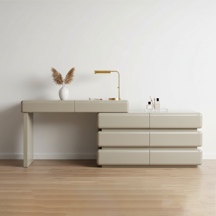 Modern Minimalist Khaki Makeup Vanity With 5/8-Drawer Chest - Solid Wood Plywood Dresser &amp; Makeup Desk For Bedroom