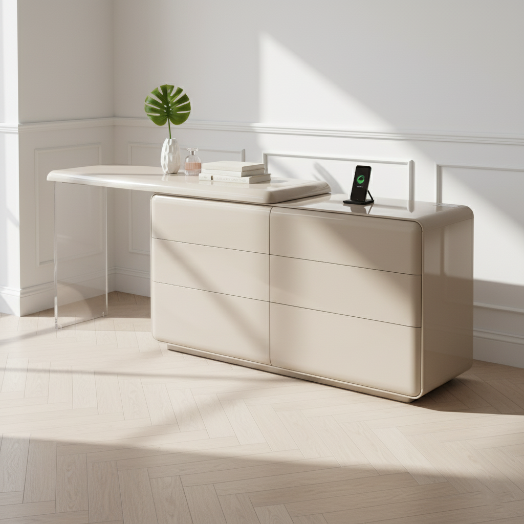 Modern Minimalist Khaki Makeup Vanity With Acrylic Legs &amp; 6-Drawer Storage Cabinet - E1 MDF Makeup Desk For Bedroom
