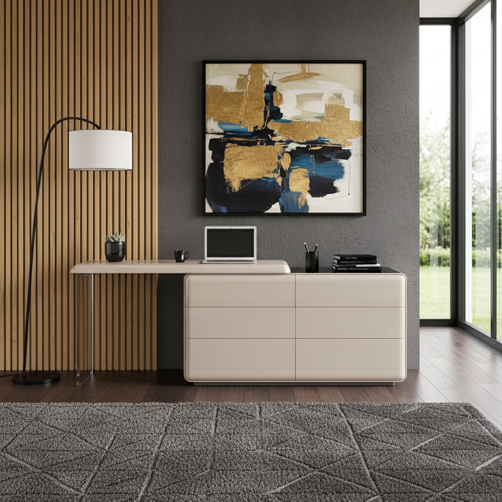 Modern Minimalist Khaki Makeup Vanity With Acrylic Legs &amp; 6-Drawer Storage Cabinet - E1 MDF Makeup Desk For Bedroom