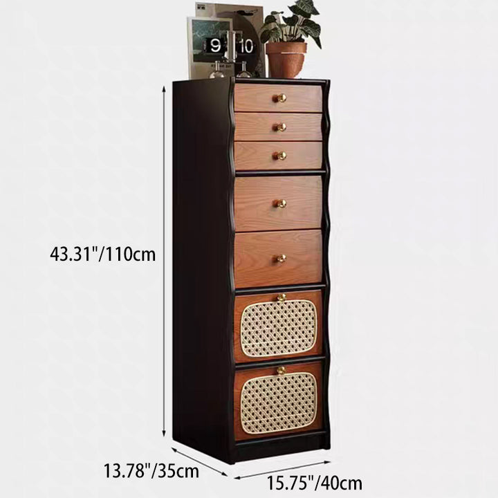 Buffet de rangement rectangulaire contemporain rétro en bois massif et contreplaqué avec tressage en rotin et organisateur à 7 tiroirs pour salon 