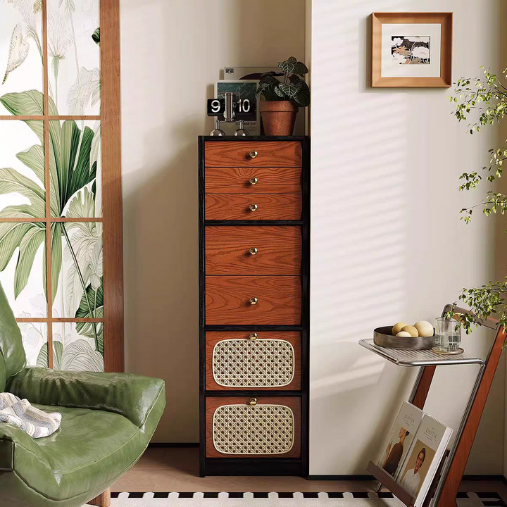 Buffet de rangement rectangulaire contemporain rétro en bois massif et contreplaqué avec tressage en rotin et organisateur à 7 tiroirs pour salon 