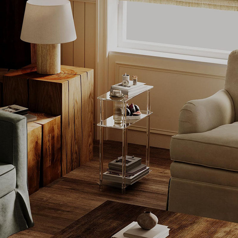 Modern Minimalist Acrylic Oval Rectangular Side Table With 2/3-Tier Storage For Living Room