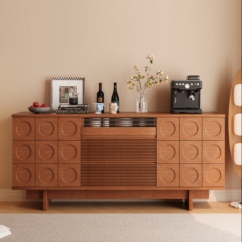 Moderner Mid-Century Massivholz- und Sperrholz-Schrankschrank mit geometrischen Schubladenfronten, 2 Schränken und 3 Schubladen für Ess- und Wohnzimmer 
