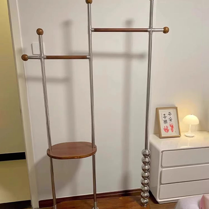 Arbre d’entrée ovale autoportant moderne minimaliste en acier inoxydable/acier carbone et contreplaqué, avec double barre de suspension pour chambre 
