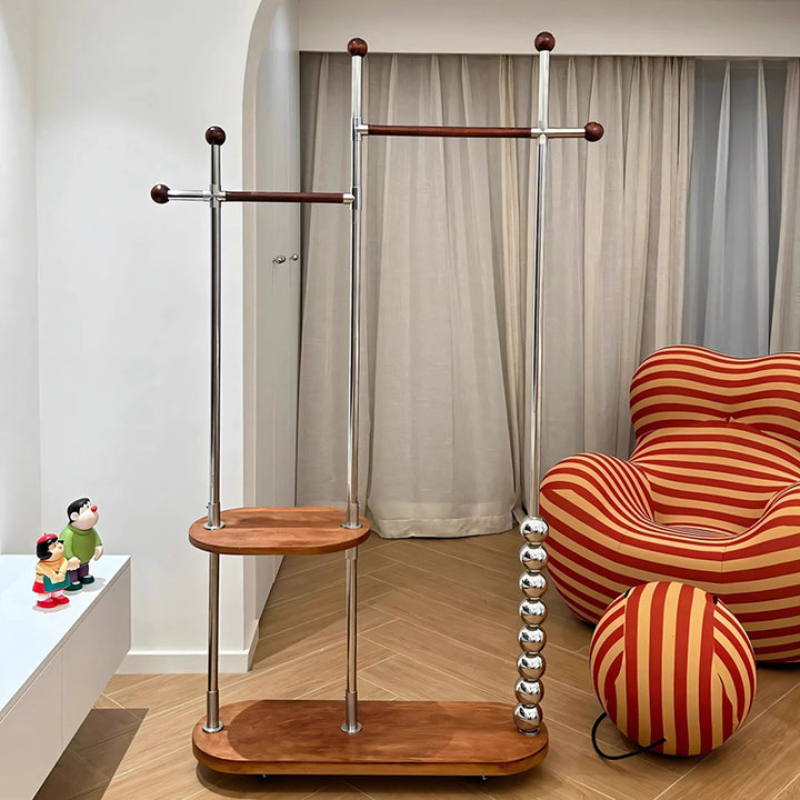 Arbre d’entrée ovale autoportant moderne minimaliste en acier inoxydable/acier carbone et contreplaqué, avec double barre de suspension pour chambre 