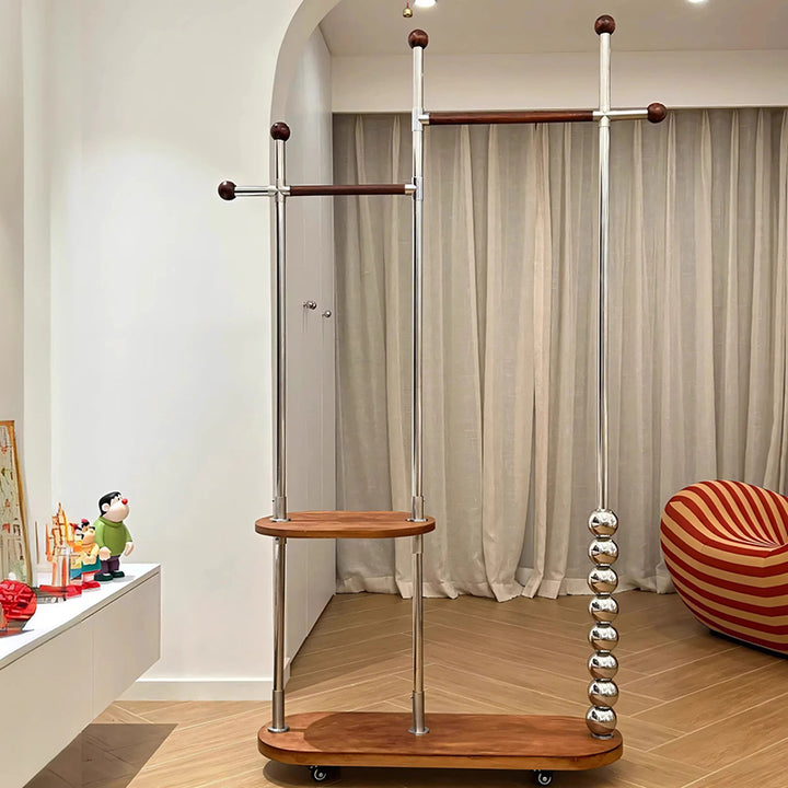 Arbre d’entrée ovale autoportant moderne minimaliste en acier inoxydable/acier carbone et contreplaqué, avec double barre de suspension pour chambre 