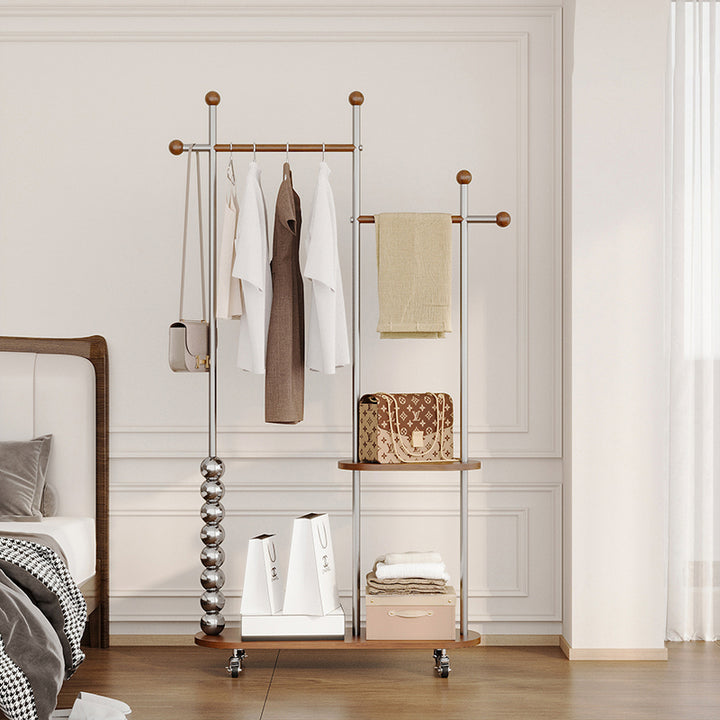 Arbre d’entrée ovale autoportant moderne minimaliste en acier inoxydable/acier carbone et contreplaqué, avec double barre de suspension pour chambre 