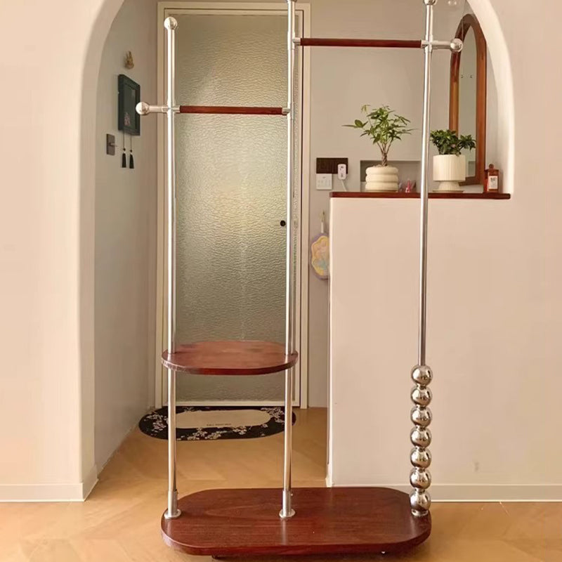 Arbre d’entrée ovale autoportant moderne minimaliste en acier inoxydable/acier carbone et contreplaqué, avec double barre de suspension pour chambre 