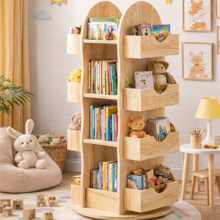 Modern Minimalist Solid Wood Rounded Corner Kids Swivel Bookshelf With 4-Tier For Home Office And Living Room