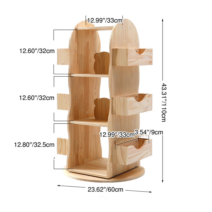 Modern Minimalist Solid Wood Rounded Corner Kids Swivel Bookshelf With 4-Tier For Home Office And Living Room
