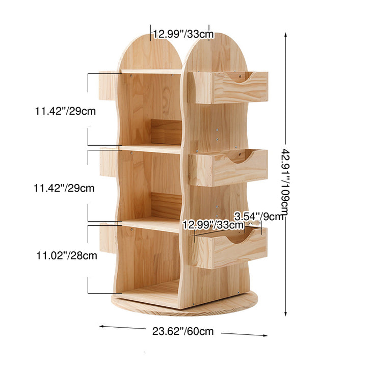 Modern Minimalist Solid Wood Rounded Corner Kids Swivel Bookshelf With 4-Tier For Home Office And Living Room