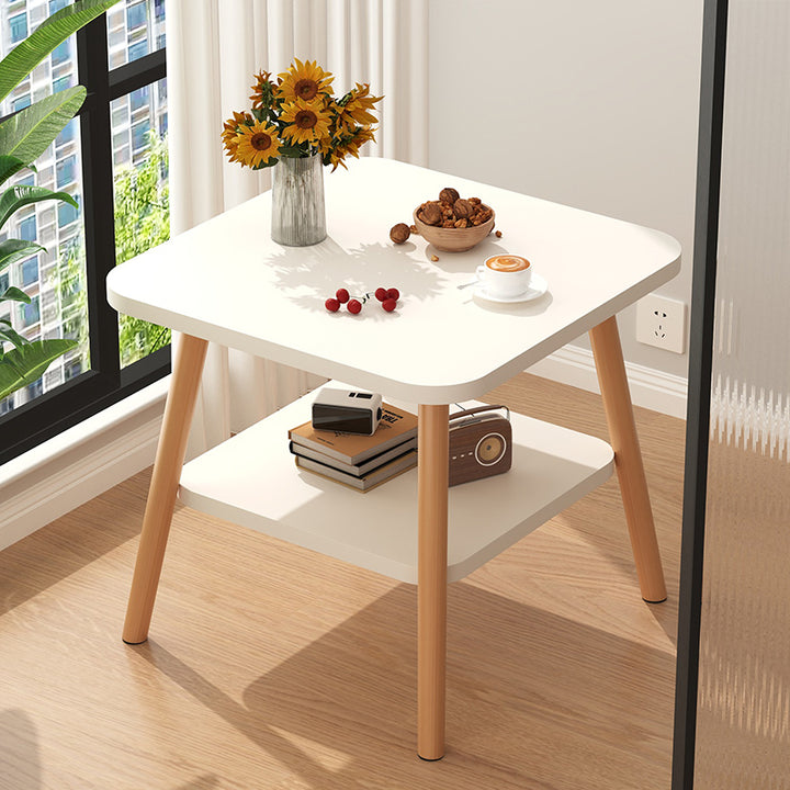 Mesa Auxiliar Cuadrada de Esquina Redondeada Minimalista Moderna de MDF de 2 Niveles para Sala de Estar 