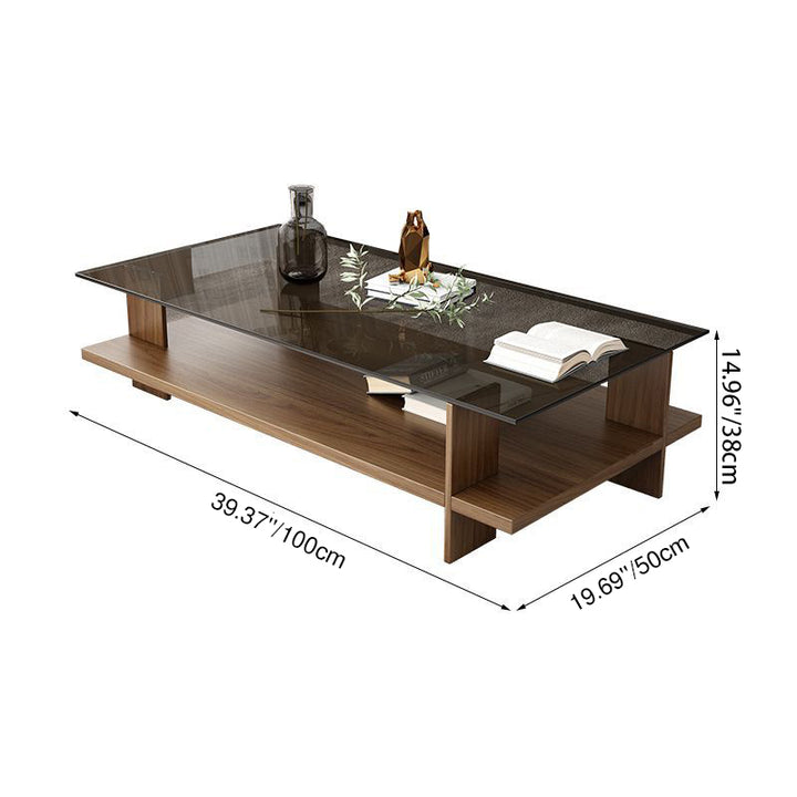 Moderner minimalistischer rechteckiger Couchtisch aus gehärtetem Glas und Spanplatte mit 2 Ebenen für das Wohnzimmer 