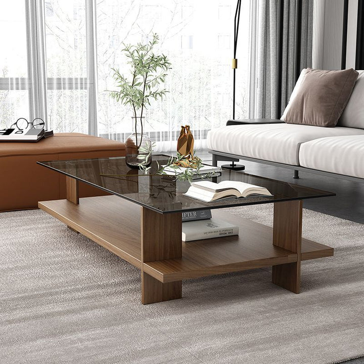 Moderner minimalistischer rechteckiger Couchtisch aus gehärtetem Glas und Spanplatte mit 2 Ebenen für das Wohnzimmer 