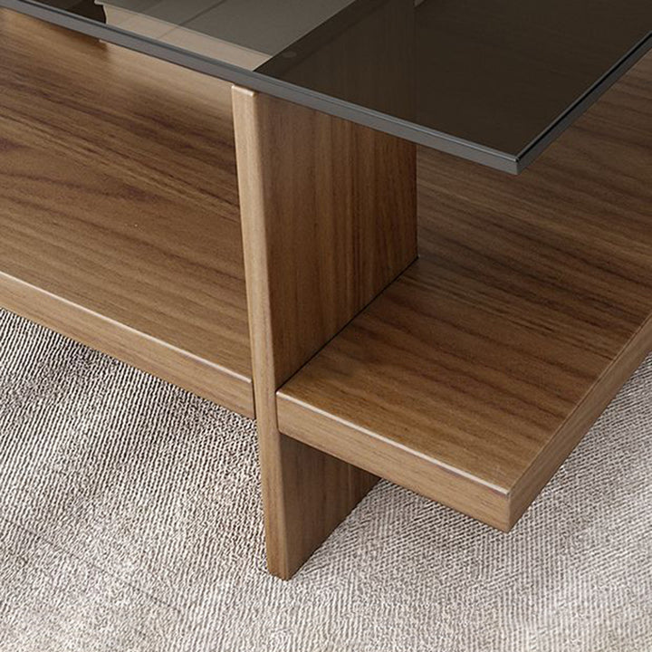 Moderner minimalistischer rechteckiger Couchtisch aus gehärtetem Glas und Spanplatte mit 2 Ebenen für das Wohnzimmer 