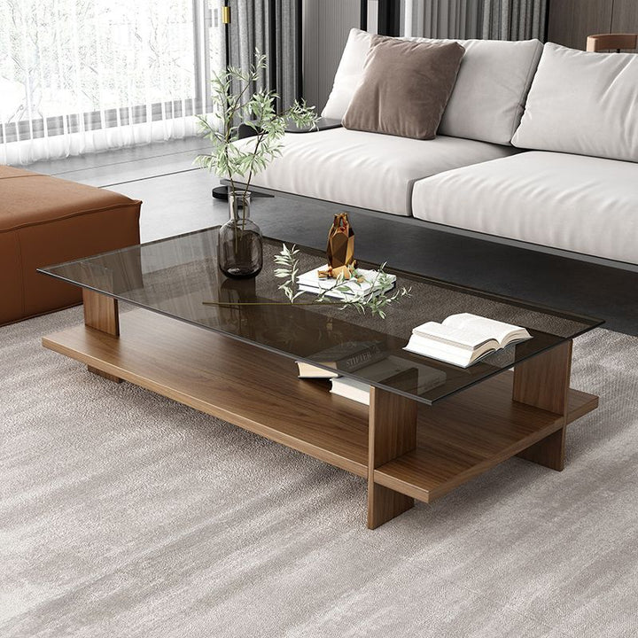 Moderner minimalistischer rechteckiger Couchtisch aus gehärtetem Glas und Spanplatte mit 2 Ebenen für das Wohnzimmer 