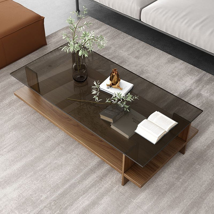 Moderner minimalistischer rechteckiger Couchtisch aus gehärtetem Glas und Spanplatte mit 2 Ebenen für das Wohnzimmer 