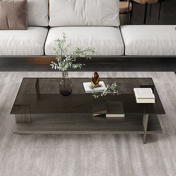 Moderner minimalistischer rechteckiger Couchtisch aus gehärtetem Glas und Spanplatte mit 2 Ebenen für das Wohnzimmer 
